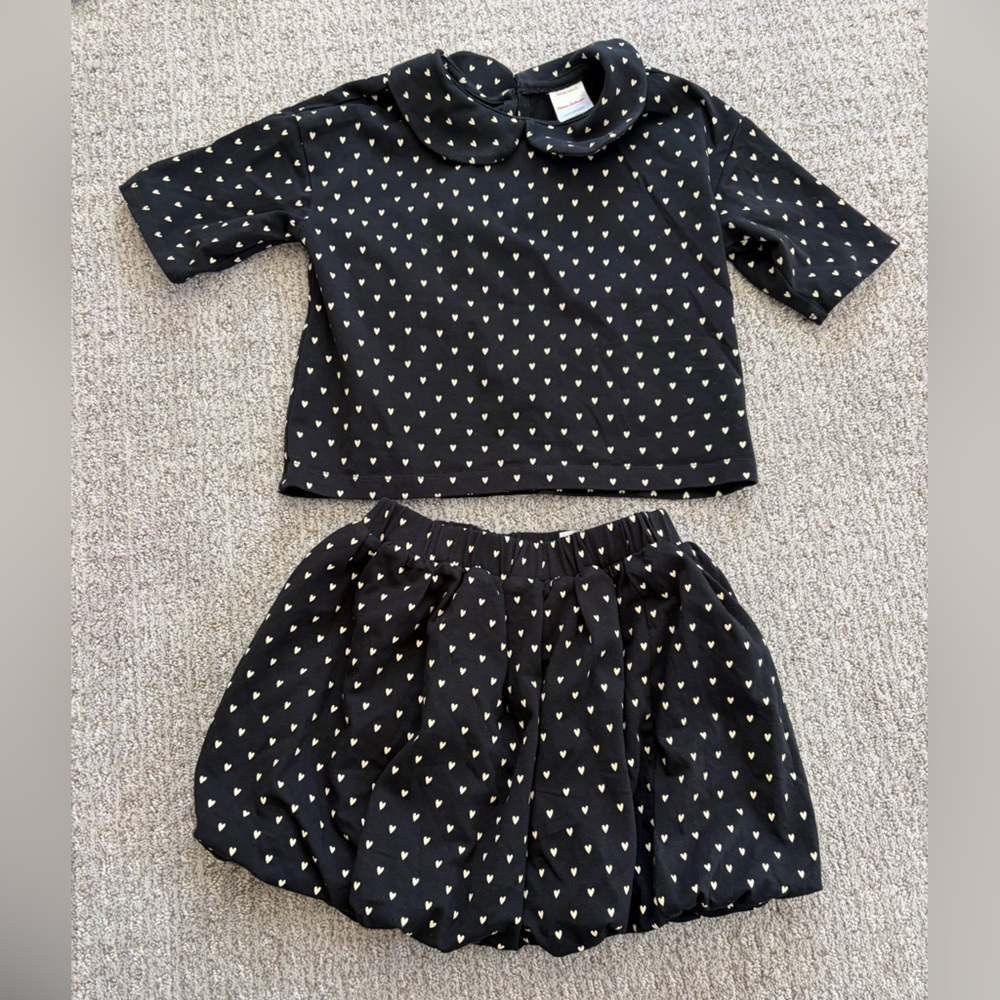 Hanna Andersson Black Top and Skirt with Cream Heart Print